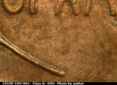 Die-stage A marker on 1933D•1DO•001 (1933 Doubled Die Obverse).