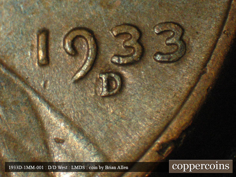 Die-stage B marker on 1933D•1MM•001 (1933 Repunched Mint Mark).