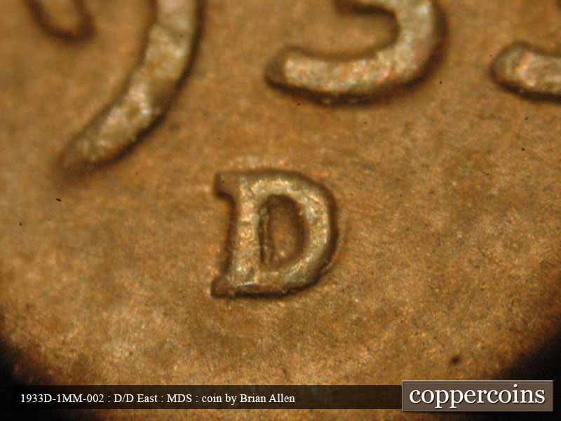 1933 Lincoln cent obverse, CopperCoins die 1933D•1MM•002.