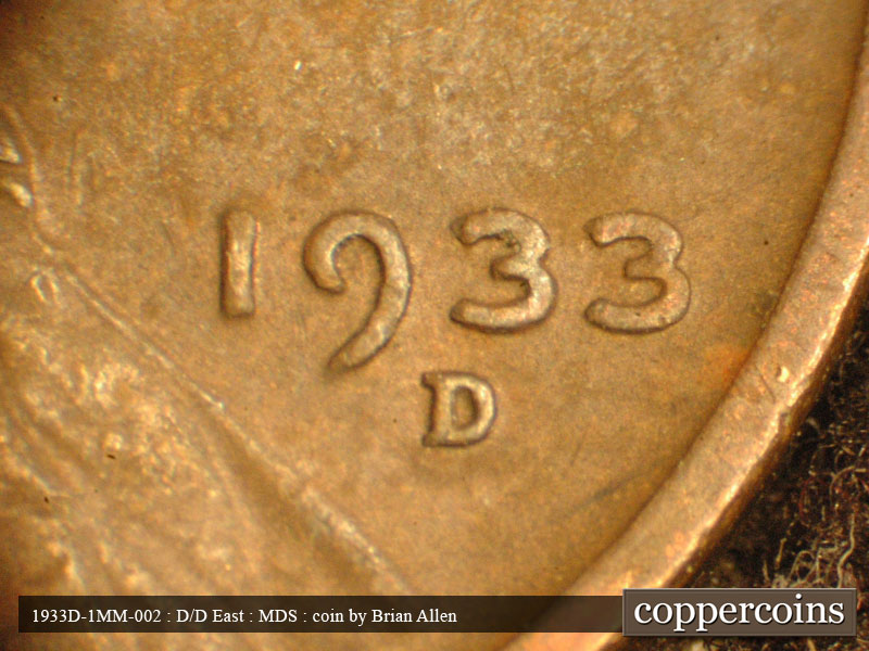 Die-stage B marker on 1933D•1MM•002 (1933 Repunched Mint Mark).