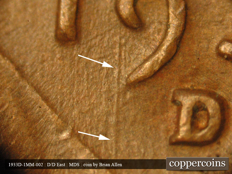 Die-stage B marker on 1933D•1MM•002 (1933 Repunched Mint Mark).