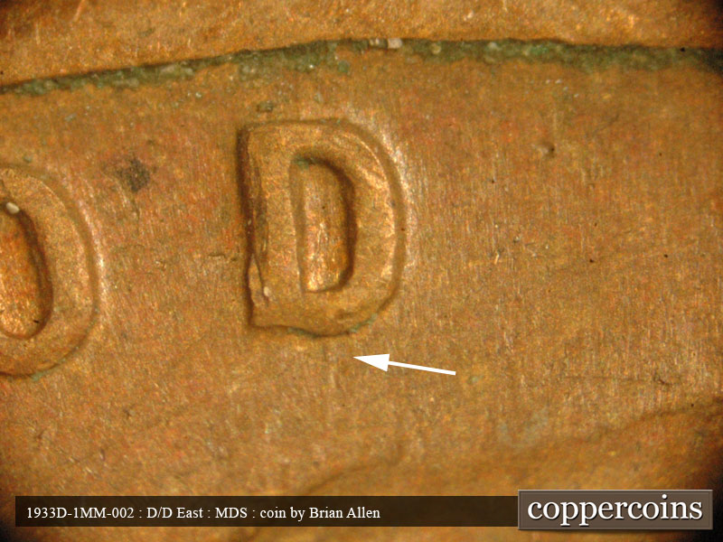 Die-stage B marker on 1933D•1MM•002 (1933 Repunched Mint Mark).