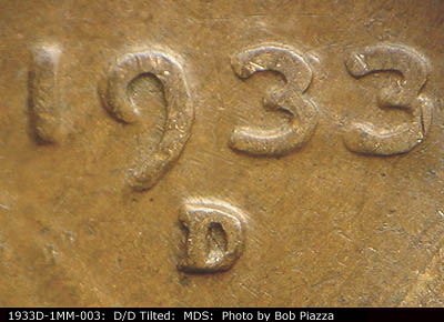 Die-stage B marker on 1933D•1MM•003 (1933 Repunched Mint Mark).