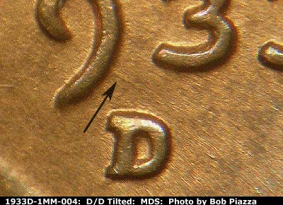Die-stage B marker on 1933D•1MM•004 (1933 Repunched Mint Mark).