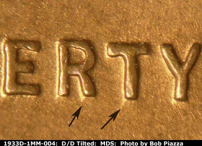 Die-stage B marker on 1933D•1MM•004 (1933 Repunched Mint Mark).
