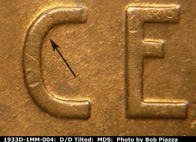 Die-stage B marker on 1933D•1MM•004 (1933 Repunched Mint Mark).