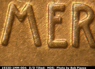Die-stage B marker on 1933D•1MM•004 (1933 Repunched Mint Mark).
