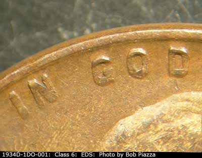 Die-stage A marker on 1934D•1DO•001 (1934 Doubled Die Obverse).