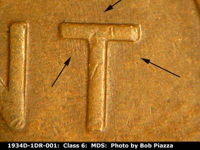 Die-stage B marker on 1934D•1DR•001 (1934 Doubled Die Reverse).