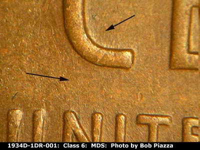 Die-stage B marker on 1934D•1DR•001 (1934 Doubled Die Reverse).