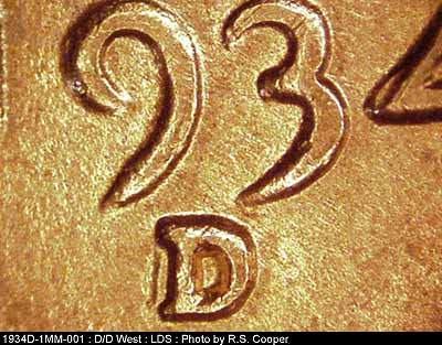 Die-stage C marker on 1934D•1MM•001 (1934 Repunched Mint Mark).