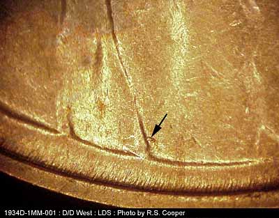Die-stage C marker on 1934D•1MM•001 (1934 Repunched Mint Mark).