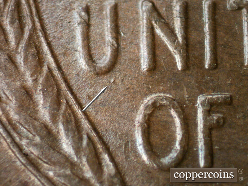Die-stage B marker on 1934D•1MM•003 (1934 Repunched Mint Mark).