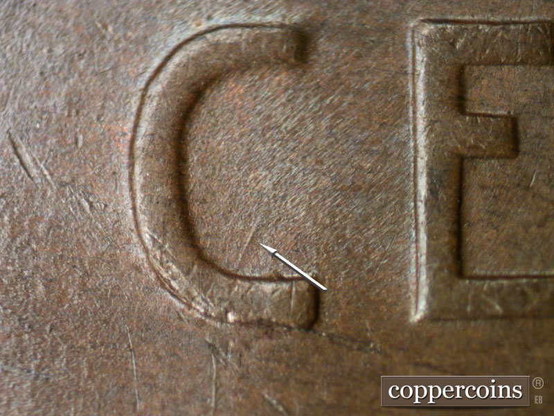 Die-stage B marker on 1934D•1MM•003 (1934 Repunched Mint Mark).
