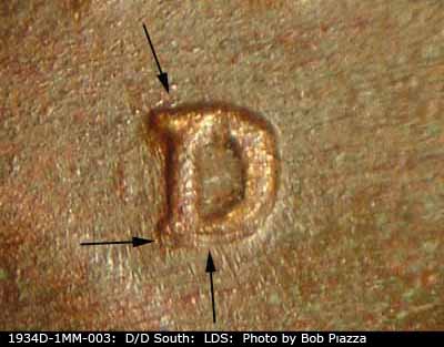Die-stage C marker on 1934D•1MM•003 (1934 Repunched Mint Mark).