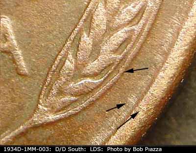 Die-stage C marker on 1934D•1MM•003 (1934 Repunched Mint Mark).