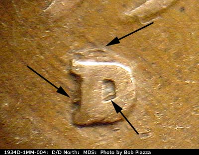 Die-stage B marker on 1934D•1MM•004 (1934 Repunched Mint Mark).