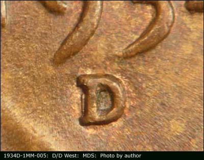 1934 Lincoln cent obverse, CopperCoins die 1934D•1MM•005.