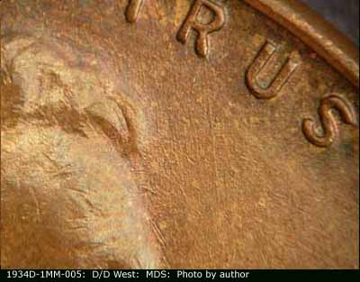 Die-stage B marker on 1934D•1MM•005 (1934 Repunched Mint Mark).