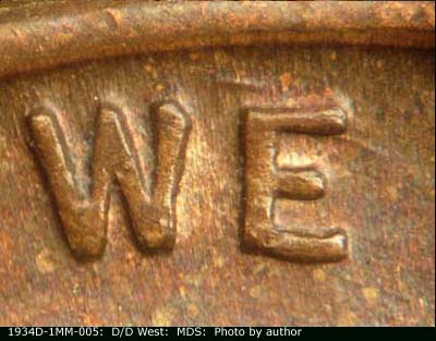 Die-stage B marker on 1934D•1MM•005 (1934 Repunched Mint Mark).
