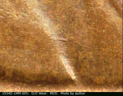 Die-stage B marker on 1934D•1MM•005 (1934 Repunched Mint Mark).