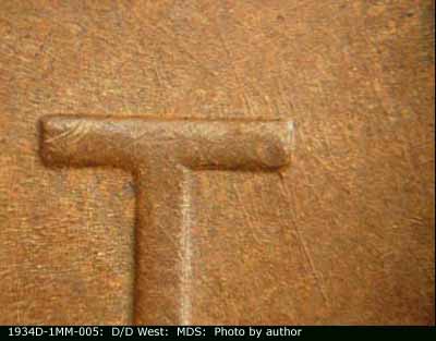 Die-stage B marker on 1934D•1MM•005 (1934 Repunched Mint Mark).