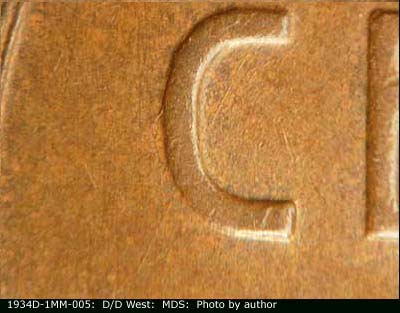 Die-stage B marker on 1934D•1MM•005 (1934 Repunched Mint Mark).
