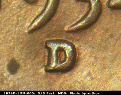 1934 Lincoln cent obverse, CopperCoins die 1934D•1MM•006.