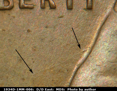 Die-stage B marker on 1934D•1MM•006 (1934 Repunched Mint Mark).