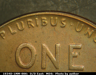 Die-stage B marker on 1934D•1MM•006 (1934 Repunched Mint Mark).