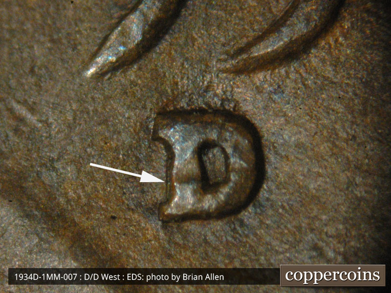 Die-stage A marker on 1934D•1MM•007 (1934 Repunched Mint Mark).