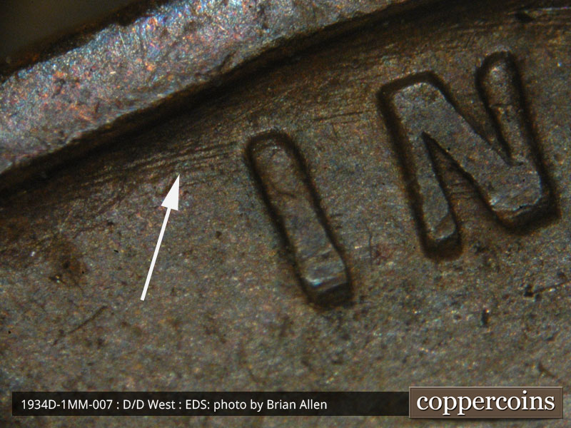 Die-stage A marker on 1934D•1MM•007 (1934 Repunched Mint Mark).
