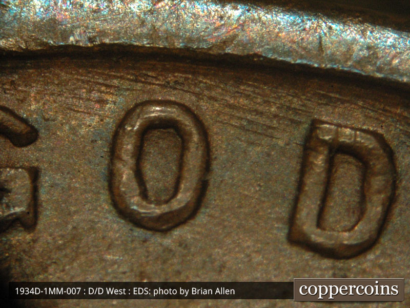Die-stage A marker on 1934D•1MM•007 (1934 Repunched Mint Mark).