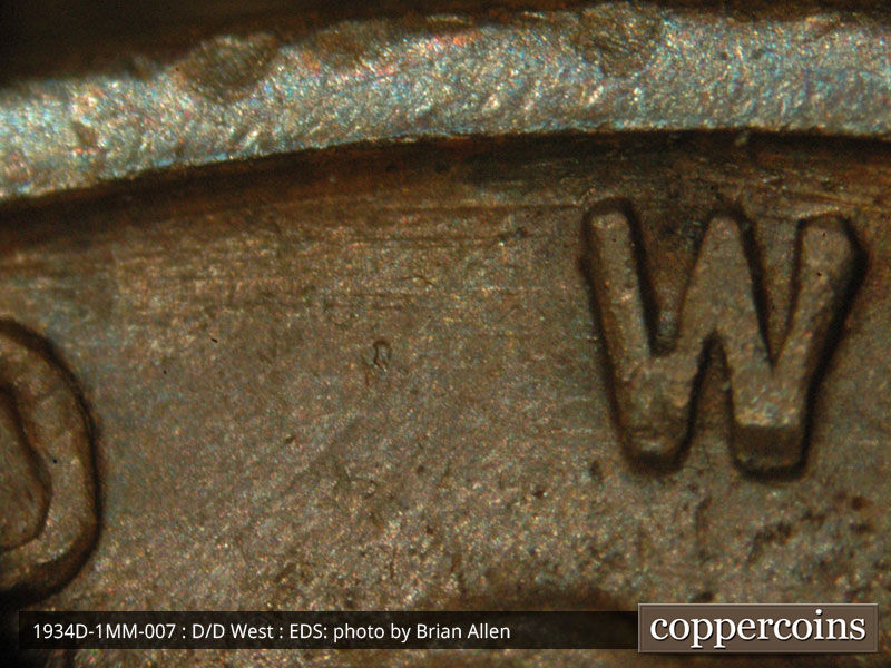 Die-stage A marker on 1934D•1MM•007 (1934 Repunched Mint Mark).