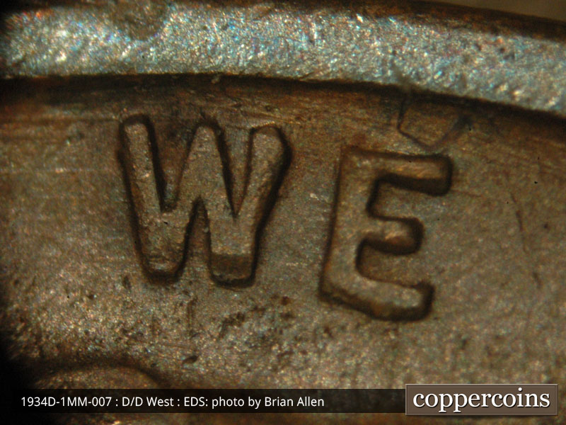 Die-stage A marker on 1934D•1MM•007 (1934 Repunched Mint Mark).