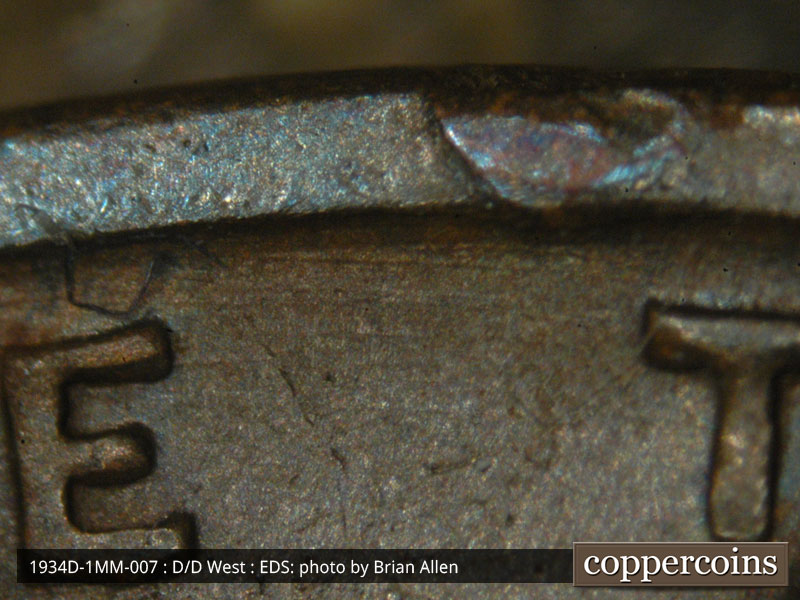 Die-stage A marker on 1934D•1MM•007 (1934 Repunched Mint Mark).