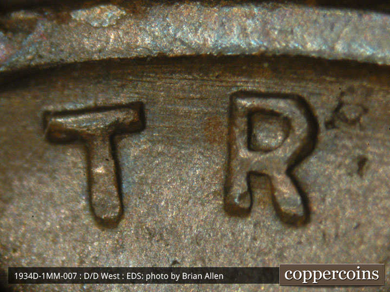 Die-stage A marker on 1934D•1MM•007 (1934 Repunched Mint Mark).