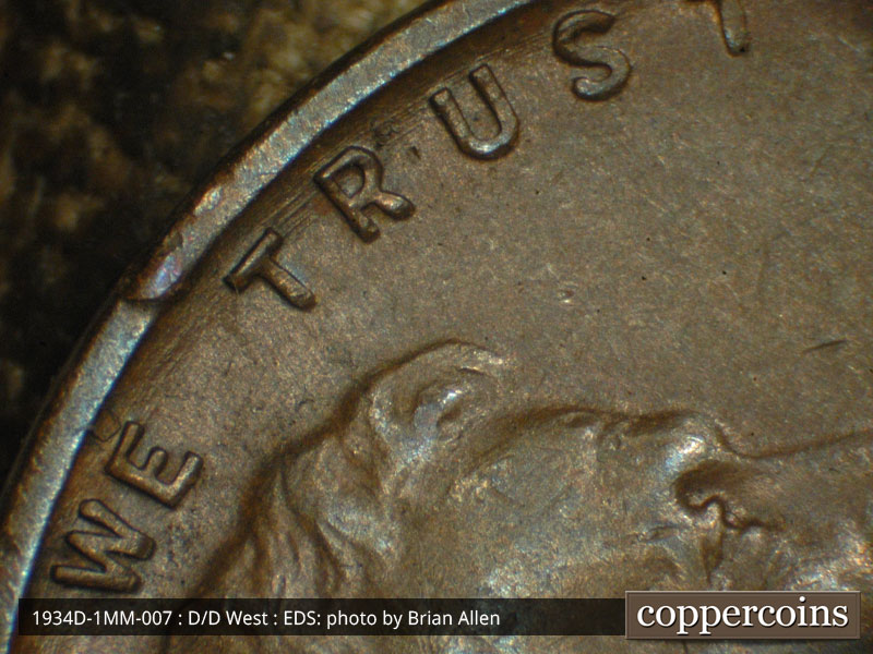 Die-stage A marker on 1934D•1MM•007 (1934 Repunched Mint Mark).