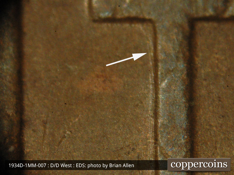 Die-stage A marker on 1934D•1MM•007 (1934 Repunched Mint Mark).
