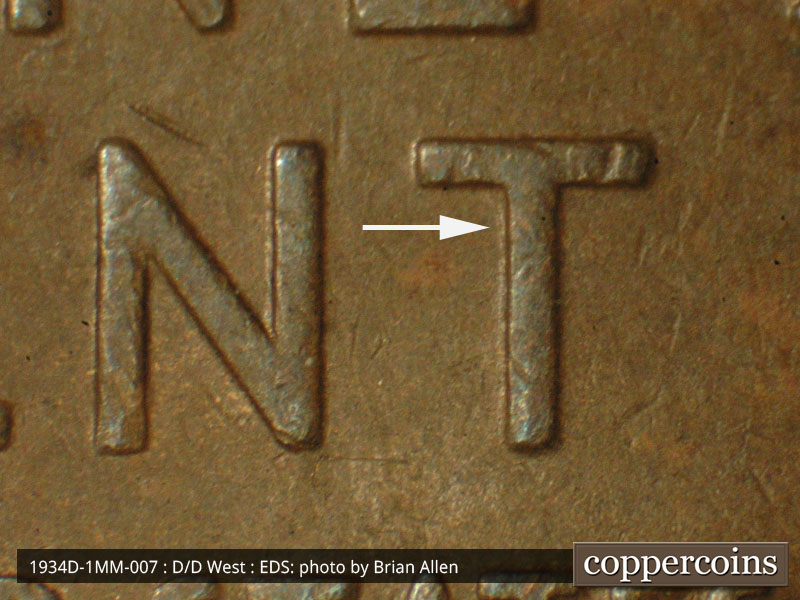 Die-stage A marker on 1934D•1MM•007 (1934 Repunched Mint Mark).