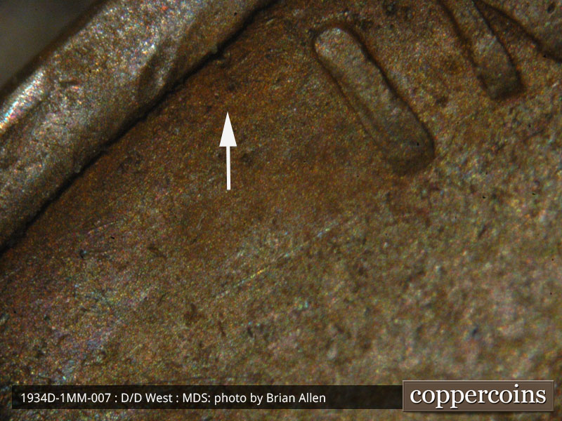Die-stage B marker on 1934D•1MM•007 (1934 Repunched Mint Mark).