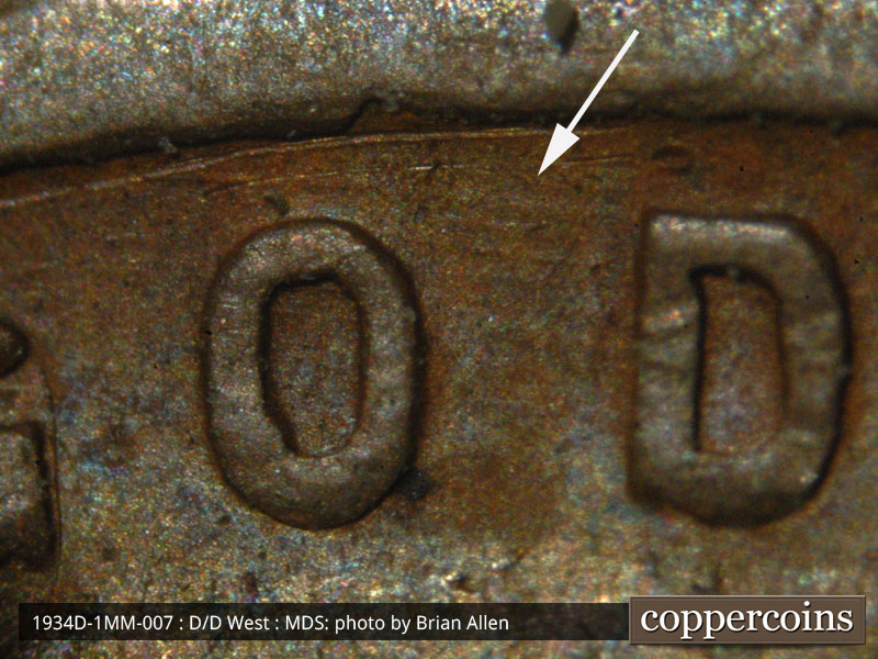 Die-stage B marker on 1934D•1MM•007 (1934 Repunched Mint Mark).