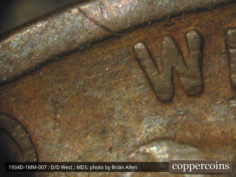 Die-stage B marker on 1934D•1MM•007 (1934 Repunched Mint Mark).