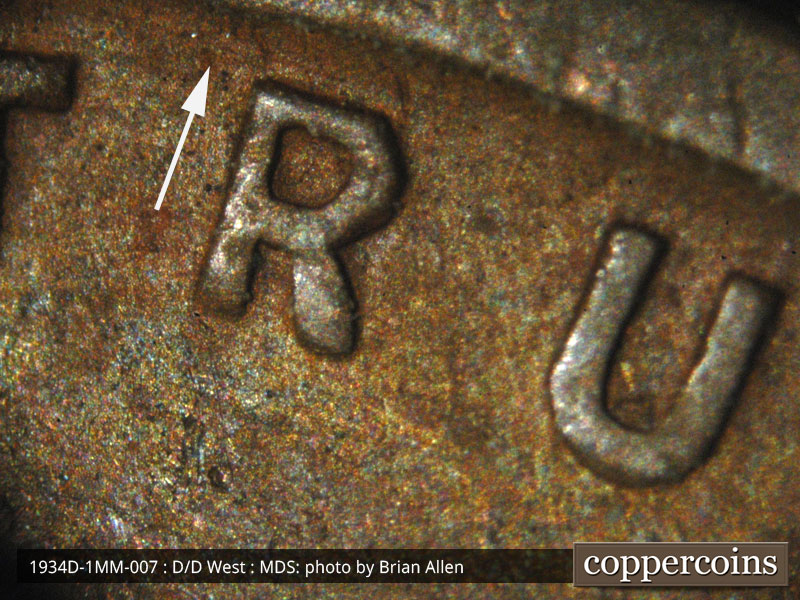 Die-stage B marker on 1934D•1MM•007 (1934 Repunched Mint Mark).