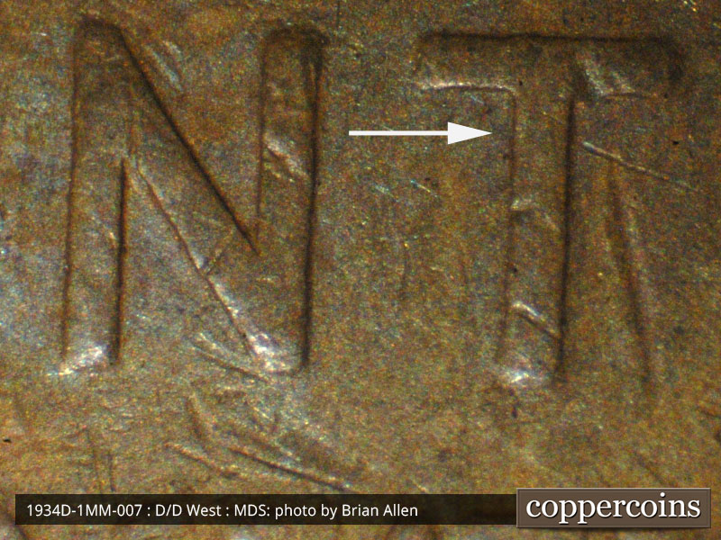 Die-stage B marker on 1934D•1MM•007 (1934 Repunched Mint Mark).