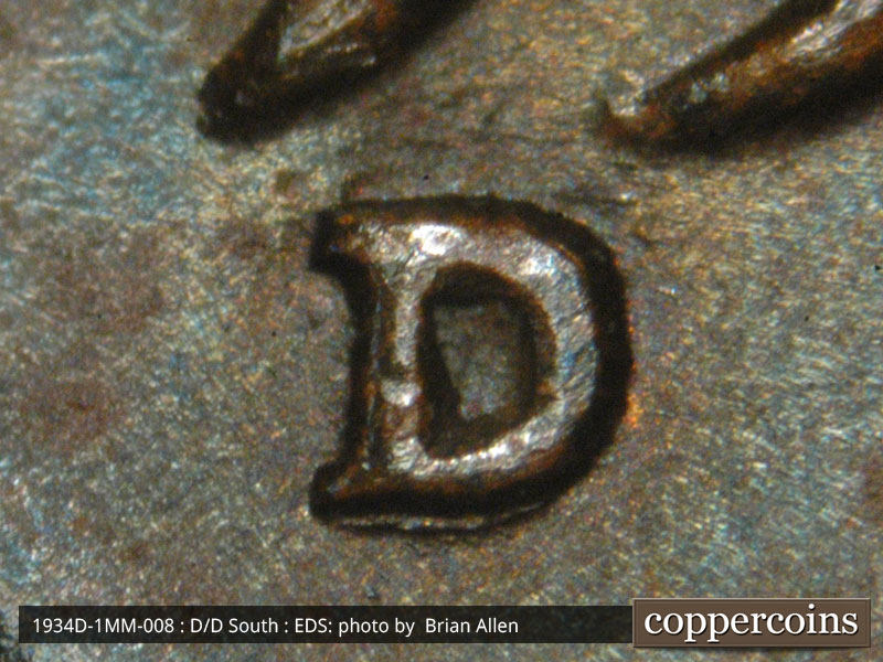 Die-stage A marker on 1934D•1MM•008 (1934 Repunched Mint Mark).