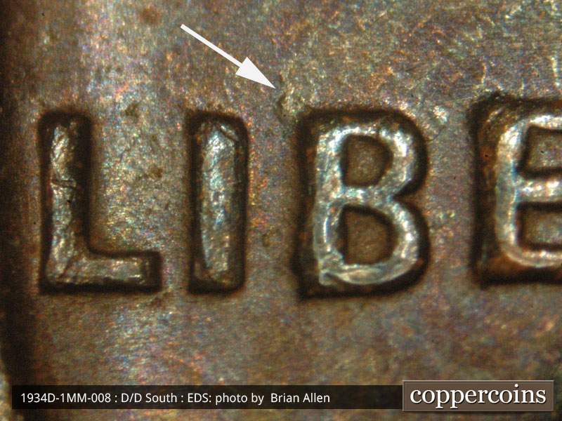 Die-stage A marker on 1934D•1MM•008 (1934 Repunched Mint Mark).