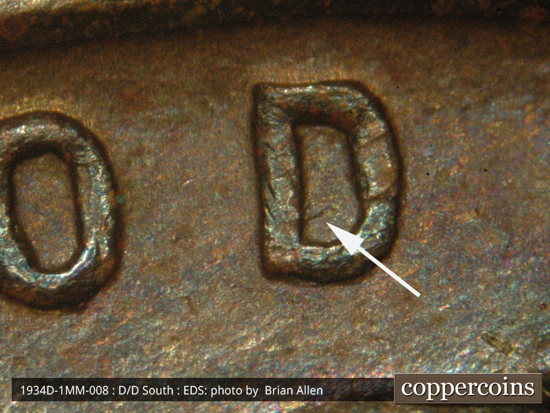 Die-stage A marker on 1934D•1MM•008 (1934 Repunched Mint Mark).
