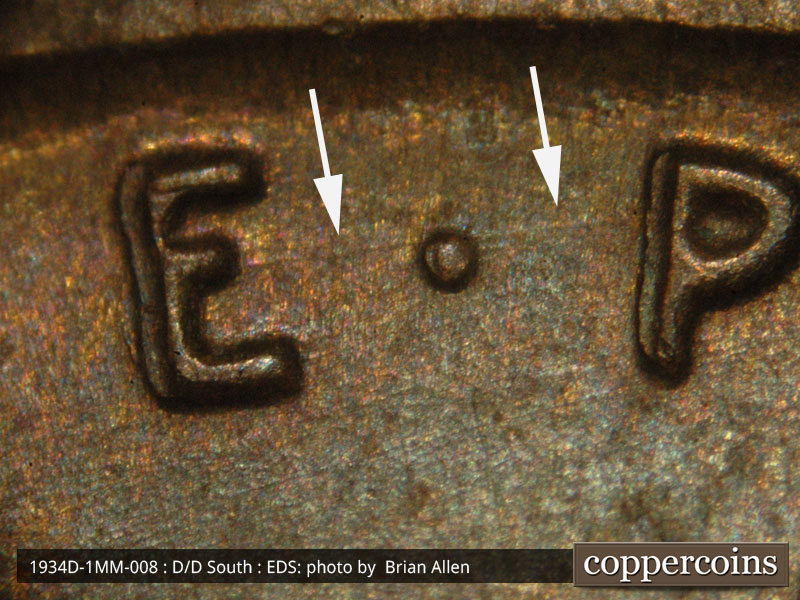 Die-stage A marker on 1934D•1MM•008 (1934 Repunched Mint Mark).