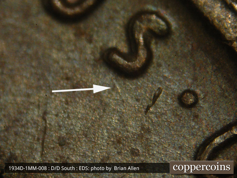 Die-stage A marker on 1934D•1MM•008 (1934 Repunched Mint Mark).